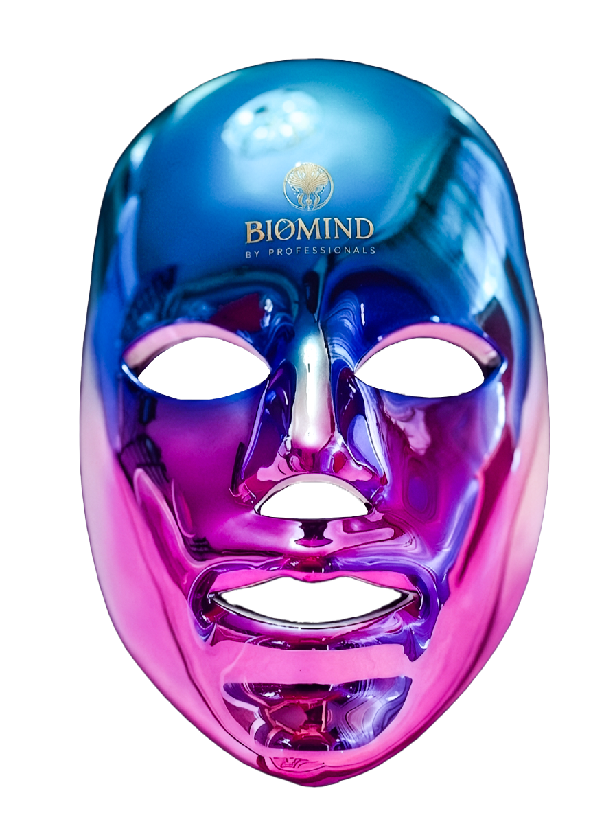 Chrominė Biomind LED veido kaukė — avangardinis dizainas Chrominė Biomind LED veido kaukė — holografinis finišas